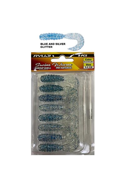 RYUJI Swim Worm 5.5cm 1.5gr Kokulu LRF Silikon Yem 8 Adet Blue And Silver Gli...