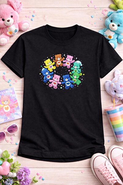 Oceanwear Cute Bear Printed Crew Neck Short Sleeve Plain Black Women's Tshirt