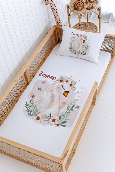 Lilabio %100 Pamuk İsme Özel Montessori Yatak Pike Seti 100x200 Kuğu