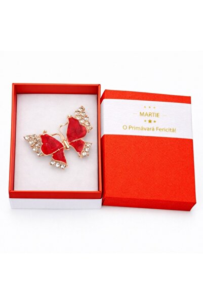 OEM Broșă Mărțișor Fluture Roșu cu Pietricele