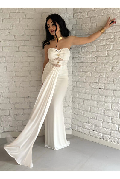 moneta boutique Women's Long Strapless Tulle Dress with Lace Detail and Buckl...