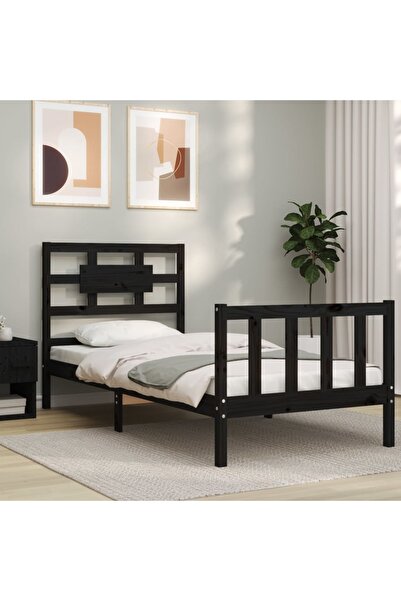 Concept Cadru de pat pentru o persoană de 60 cm cu tăblie, negru, lemn masiv