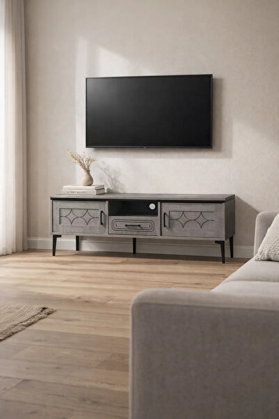 MARIA HOMES Grey TV Stand – 140x40x46 cm Modern Plasma Table with Cabinets & ...