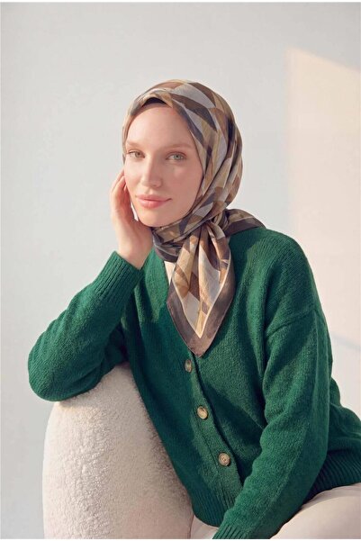 Silk Home Shiny Textured Scarf Smoked Caramel Tone Geometric Patterned Water-...