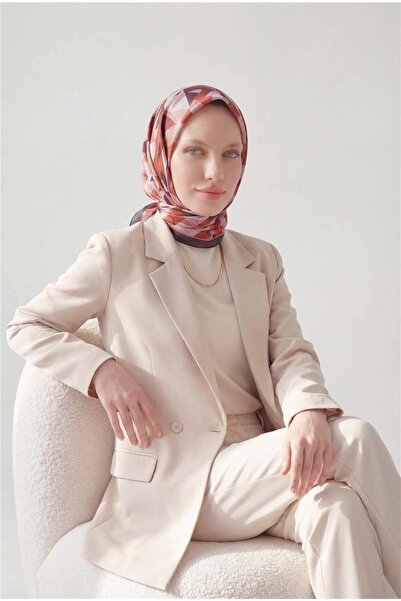 Silk Home Shiny Textured Scarf Orange Plum Tone Geometric Patterned Water-Rep...