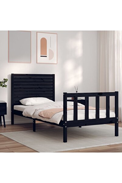 Concept Cadru de pat pentru o persoană de 60 cm cu tăblie, negru, lemn masiv