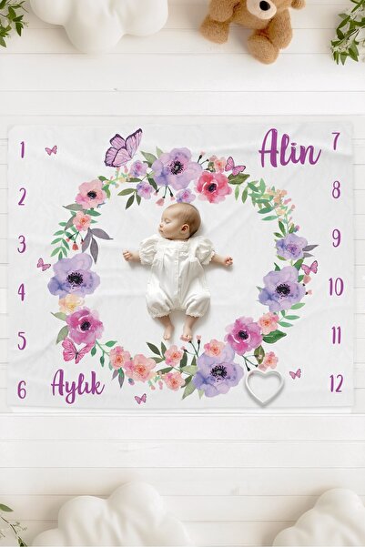 Lilabio %100 Pamuk İsme Özel Bebek Fotoğraf Çekim Anı Örtüsü (120x100 cm) Mor...