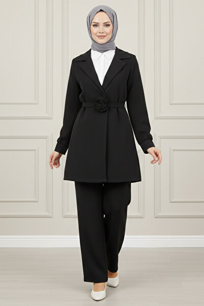 FERHEL Women's Belted Rose Detailed Dabıl Crepe Fabric Jacket and Trousers Se...