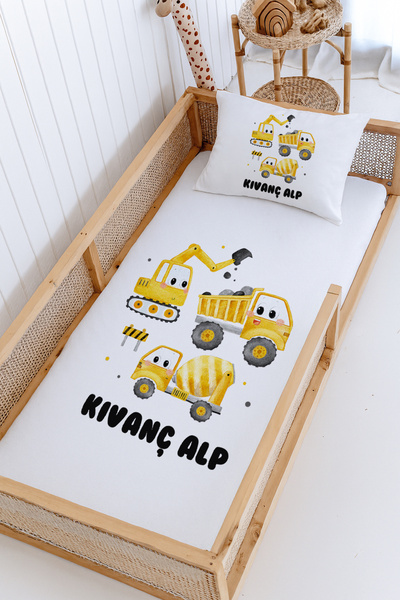 Lilabio %100 Pamuk İsme Özel Montessori Yatak Pike Seti 100x200 İş Makineleri