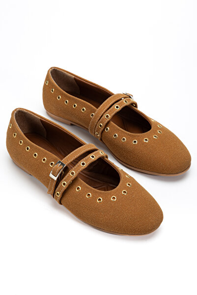 RİSSOLİ Women's Tan Nubuck Strappy Casual Ballerinas with Capsule Accessory D...