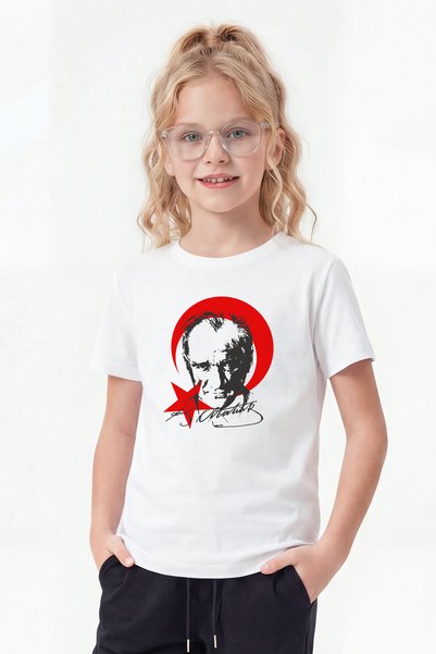FYK COLLECTİON Tricou unisex pentru copii cu mânecă scurtă, cu imprimeu Atatürk, semnătură și steag