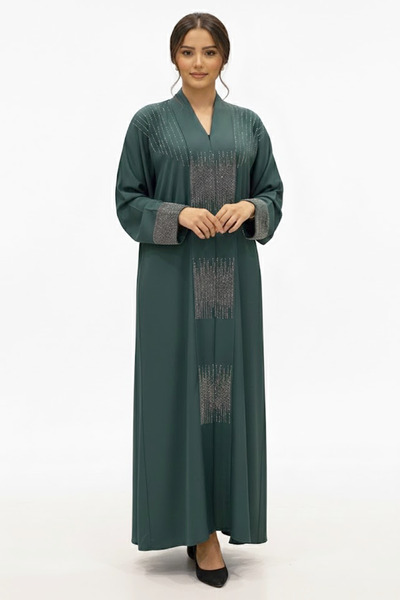 Muchmy Rhinestone Decorated Muslim Abaya Hijab Modern Elegant Green Abaya Pre...