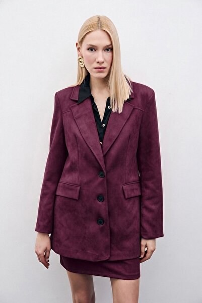 Sateen Buttoned Suede Jacket - Plum