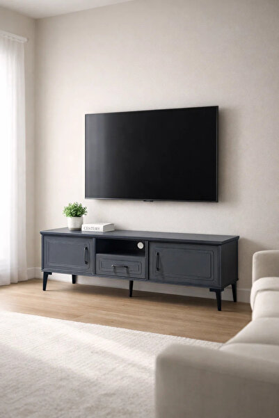 MARIA HOMES Dark Grey TV Stand – 140x40x46 cm Modern Wooden Plasma Table with...