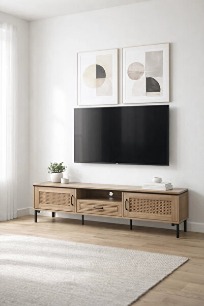 MARIA HOMES Natural Wood TV Stand – 180x40x46 cm Modern Plasma Table with Cab...