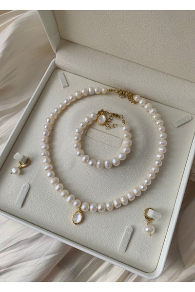 JOVİ ATELİER BEYAZ DERİ SET KUTULU Sertifikalı Doğal İnci Kolye Bileklik Küpe...
