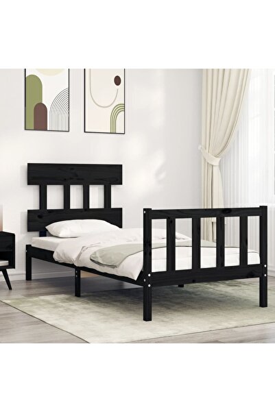 Concept Cadru de pat pentru o persoană de 60 cm cu tăblie, negru, lemn masiv