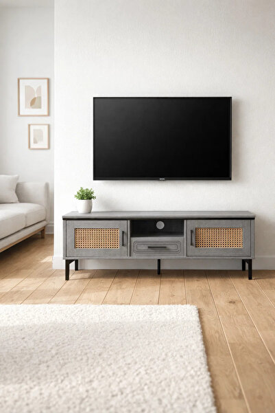 MARIA HOMES Grey TV Stand – 140x40x46 cm Modern Plasma Table with Cabinets & ...