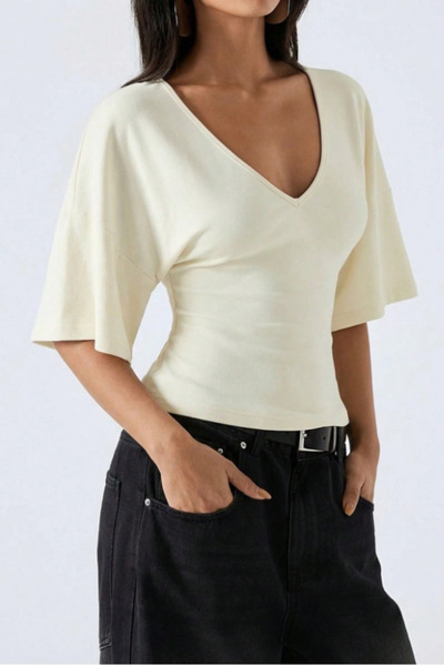 Tarz Cool Women's Off-White Bat Sleeve V-Neck Lycra Blouse & T-Shirt