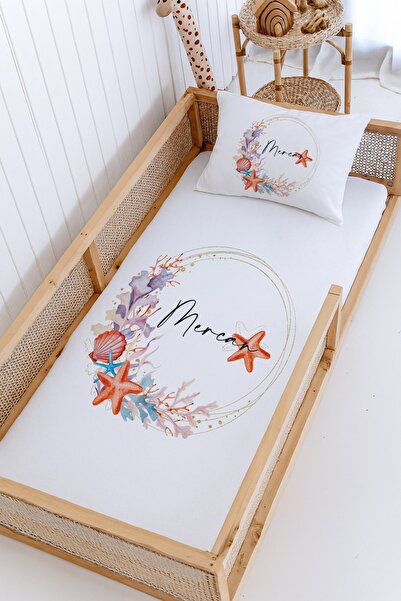 Lilabio %100 Pamuk İsme Özel Montessori Yatak Pike Seti 100x200 Deniz Kabuğu