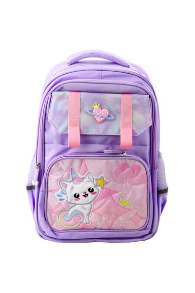 LEAN School Backpack with White Chest Strap in Cat Shape, Purple, 20L