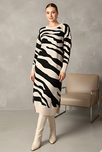 FERHEL Slit Zebra Patterned Knit Dress - Stone