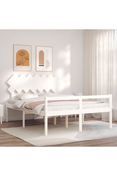 Concept Cadru de pat cu tăblie, alb, lemn masiv, 1,5 m King