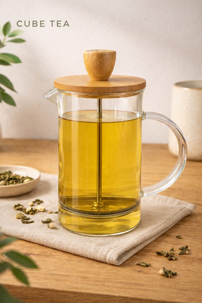 Cube Tea Bambu Kapak French Press Bitki Çayı ve Filtre Kahve