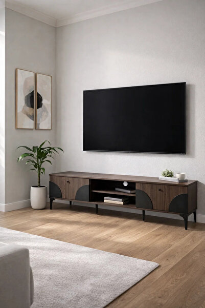 MARIA HOMES طاولة تلفزيون بنية وسوداء – 180×40×45 سم، طاولة بلازما عصرية مع خ...