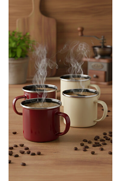 Fia Home 4'lü Emaye Kupa Seti Kırmızı&Beyaz Retro Şıklık