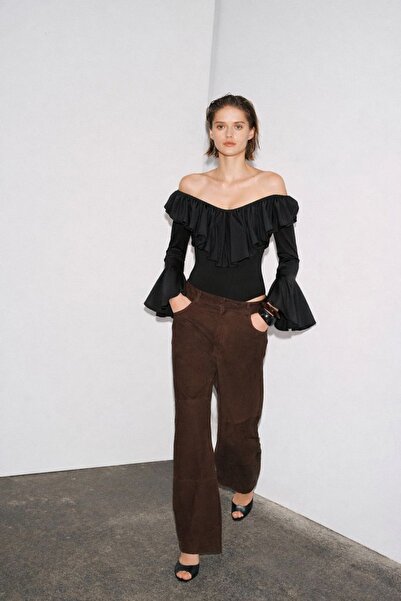 HAKKE Fırfırlı V Yaka Uzun Kollu Kadın BODY