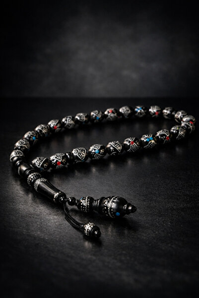 OSMANLI GÜMÜŞ Mătănii ovale albe Kuka, lucrate manual, cu coral și piatră tur...