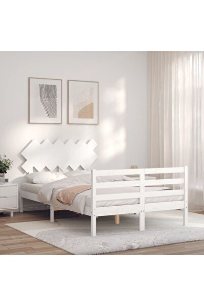 Concept Cadru de pat cu tăblie, alb, lemn masiv, pentru două persoane 1,26 m