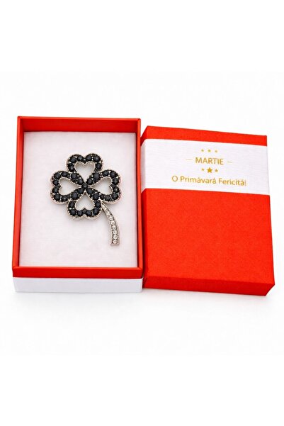 OEM Lucky Clover Martisor Brooch with Black Crystals