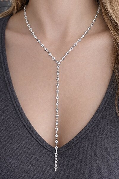 TAKIŞTIR Gümüş Renk Taş Detaylı Yıldız Figürlü Y Kolye