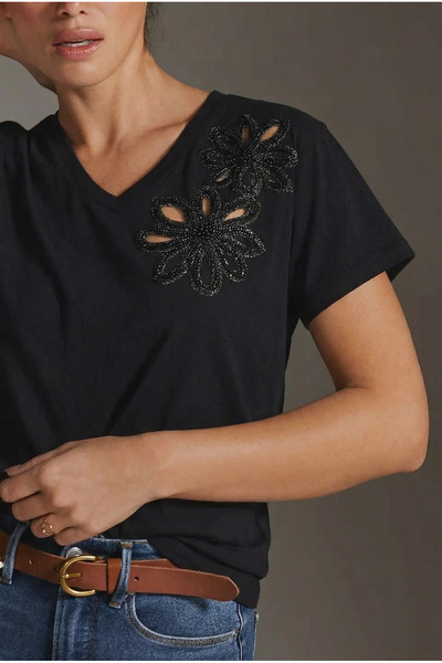 FEMELLE Black V-Neck Beaded Embroidered 100% Cotton T-Shirt