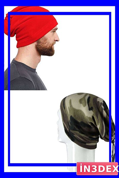 İN3DEX طقم قبعة صوفية وطوق للرقبة بنمط التمويه باللون الأحمر
