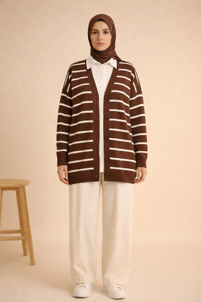 FERHEL V-Neck Horizontal Striped Buttoned Knitwear Cardigan - Brown