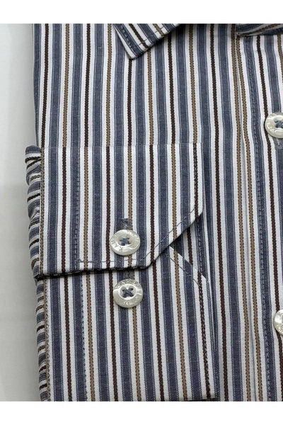 KAMER Men's Slim Fit Long Sleeve Brit Collar Pocketless Striped Gray Shirt 2438Ge