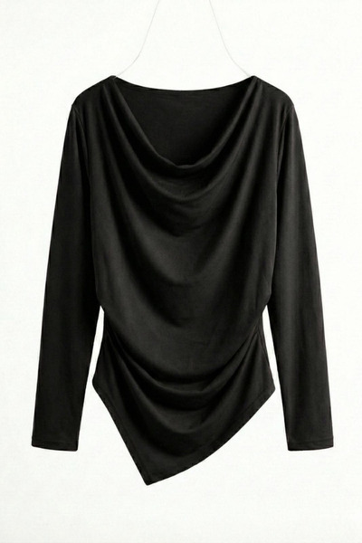 AKD Atelier Women's Blouse Draped Long Sleeve Degaje Collar Asymmetrical Cut ...