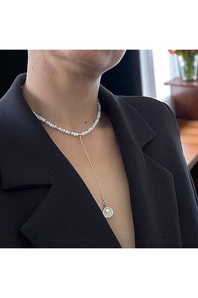 Ezera Elegant Long Silver Necklace with Mother of Pearl Shell Beads and Shell...