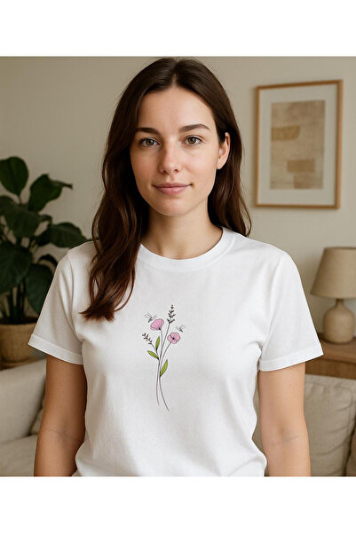 ASELİNDA Floral Printed Cotton Round Neck White T-Shirt
