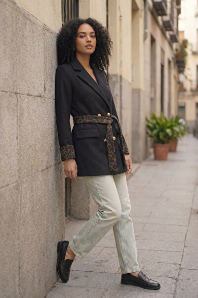 Robin Regular Cut Sleeves and Belted Leopard Patterned Cashmere Blazer Jacket