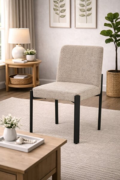 N.zone كرسي ضيافة مودرن مبطن قماش بيج – تصميم أنيق بأرجل معدنية سوداء ثابتة(4...