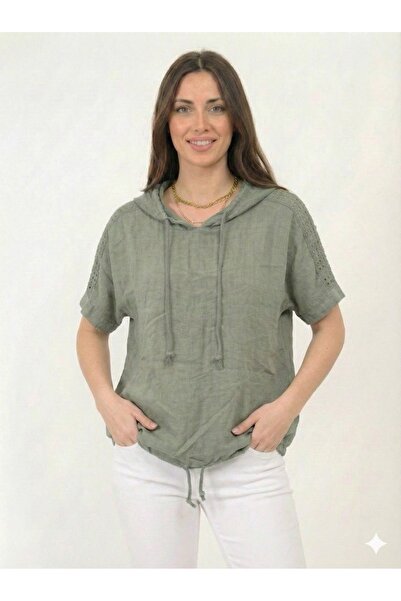 della moor Italian Khaki Oversize Linen Blouse with Scalloped Sleeves and Sho...