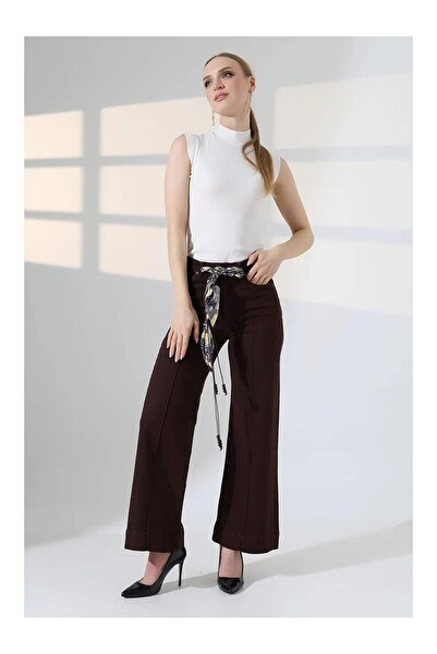 Coral Suede Belted Striped Wide Leg Trousers 7163 Brown