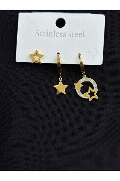 Melisa Takı & Aksesuar 316L Steel Gold Color 3 Piece Earrings