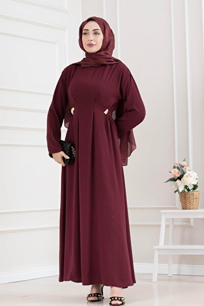 Sevitli Beli Buckle Detailed Hijab Dress-Bordo