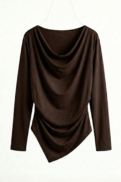 AKD Atelier Women's Blouse Draped Long Sleeve Degaje Collar Asymmetrical Cut ...