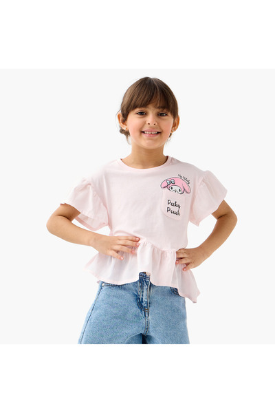 SANRIO بلوزة ماي ميلودي المطبوعة بتصميم بيبلوم مع ياقة دائرية وأكمام واسع الأرجل